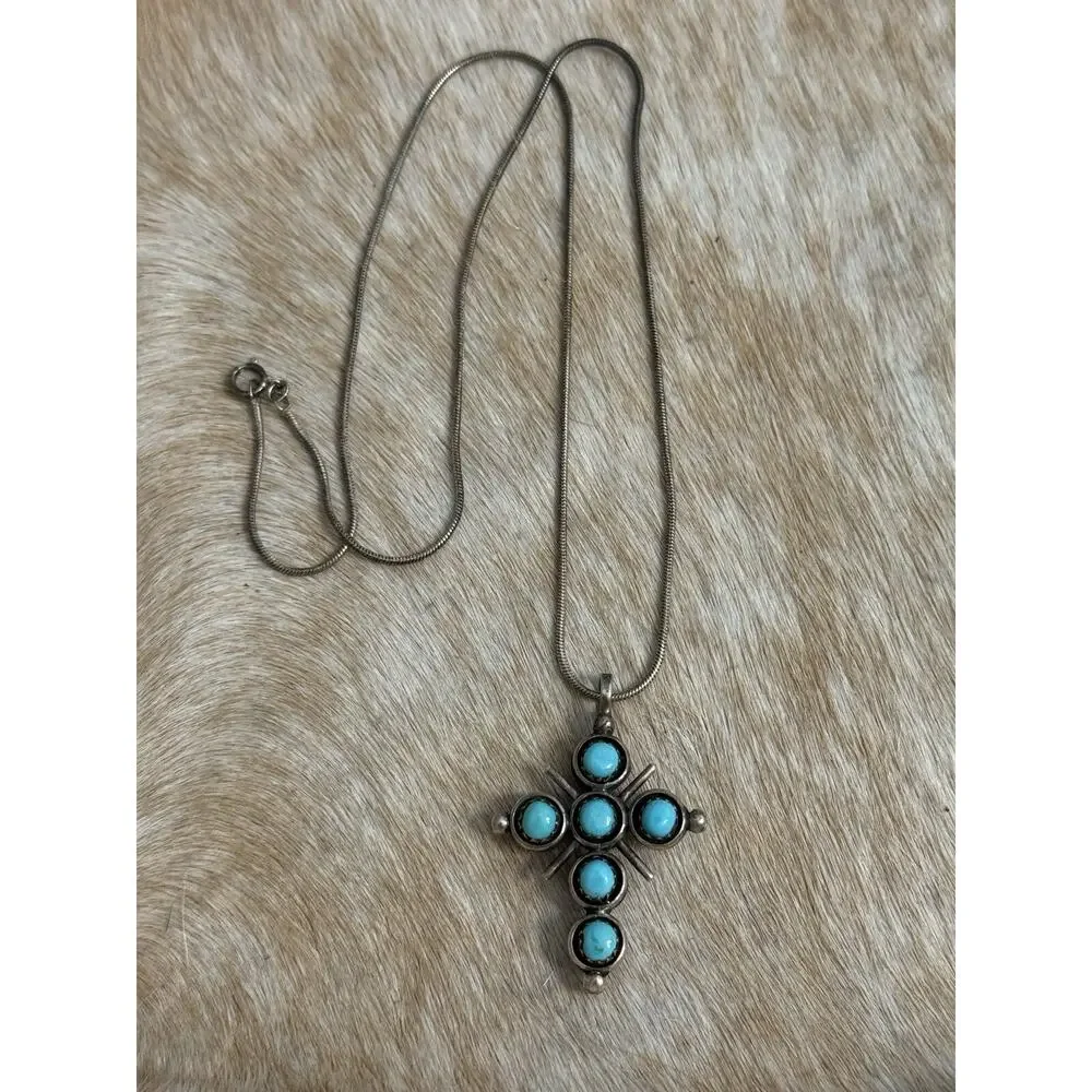 Native American Sterling Silver Turquoise Red Coral Reversible Cross Pendant 925